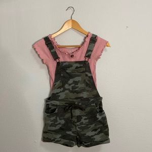 Overall shorts, Justice, camouflage green with pink shirt, girls size 12